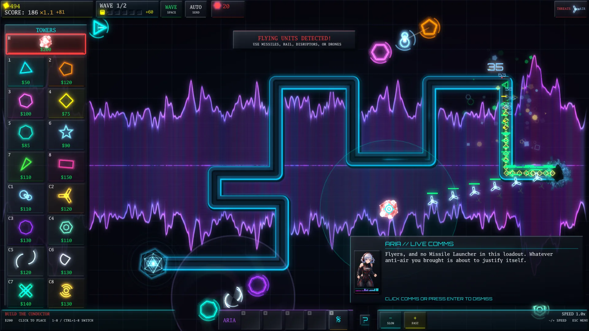 The original Vector Breach: towers defending a glowing battlefield from incoming enemies.